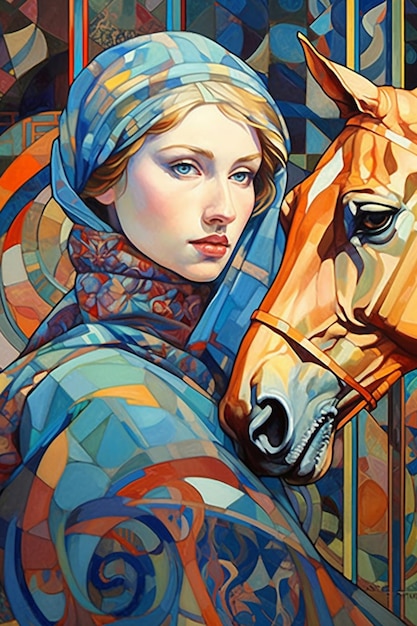 Uma pintura de uma mulher e um cavalo