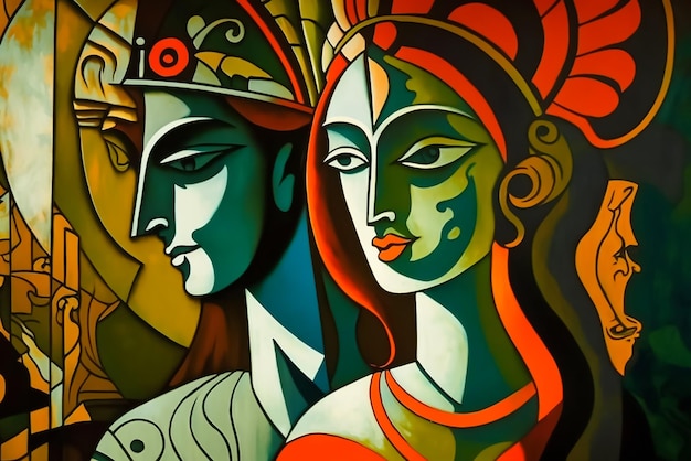 Uma pintura de uma mulher e um homem com uma coroa na cabeça.