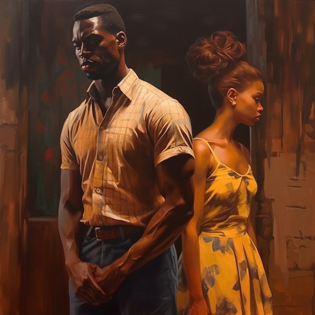 uma pintura de uma mulher e um homem em um vestido amarelo