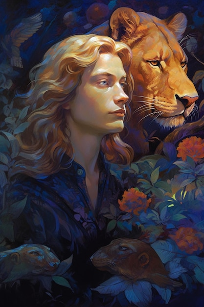 Uma pintura de uma mulher e um leão