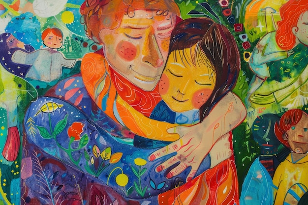 Uma pintura de uma mulher e uma criança abraçando-se