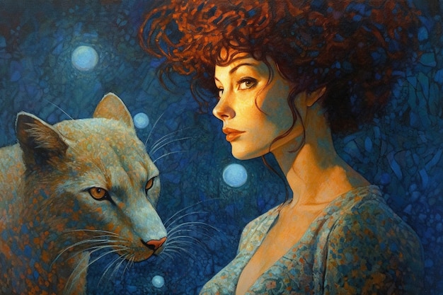 Uma pintura de uma mulher e uma raposa