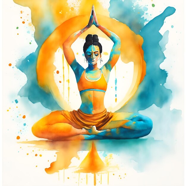 Uma pintura de uma mulher em pose de lótus com a palavra yoga nela.