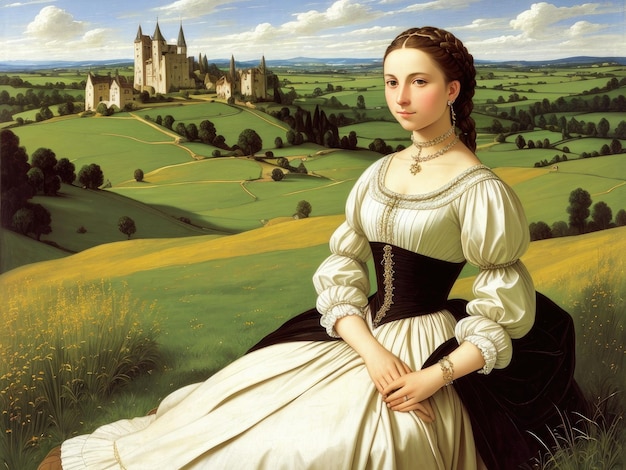 Foto uma pintura de uma mulher em um campo com um castelo ao fundo.