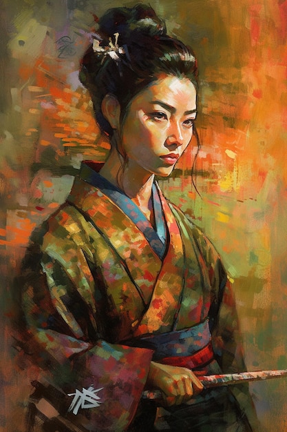 Uma pintura de uma mulher em um quimono