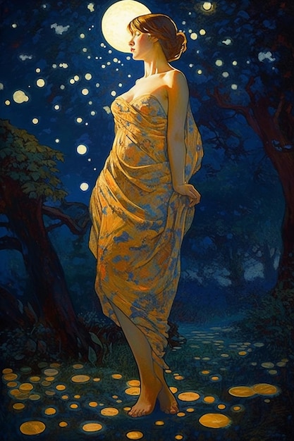 Uma pintura de uma mulher em um vestido amarelo está em uma floresta com as palavras vaga-lumes nela.