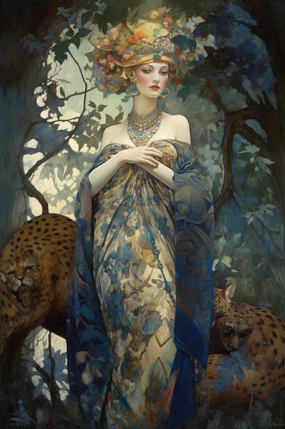 Foto uma pintura de uma mulher em um vestido azul com estampa de leopardo.