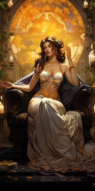 uma pintura de uma mulher em um vestido dourado sentada em uma cadeira