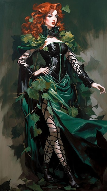 Uma pintura de uma mulher em um vestido verde com folhas nele.