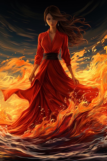 uma pintura de uma mulher em um vestido vermelho com as palavras o fogo na parte de baixo
