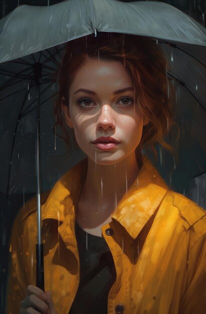 Uma pintura de uma mulher em uma capa de chuva amarela com a palavra chuva nela.