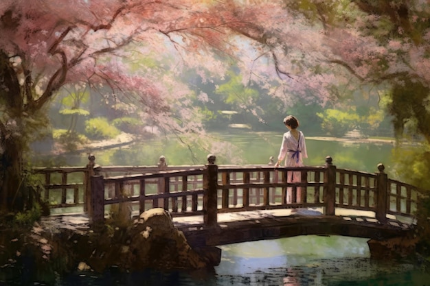 Uma pintura de uma mulher em uma ponte com flores de cerejeira ao fundo.