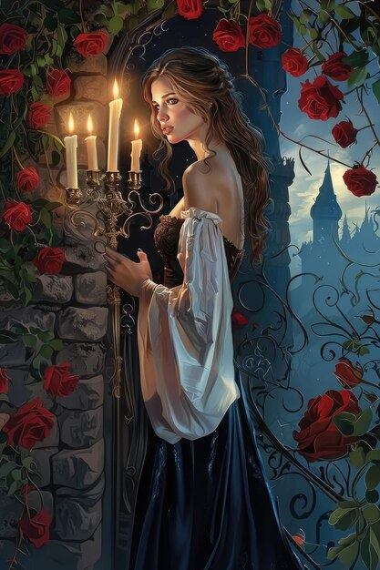 Foto uma pintura de uma mulher em uma sala com uma vela