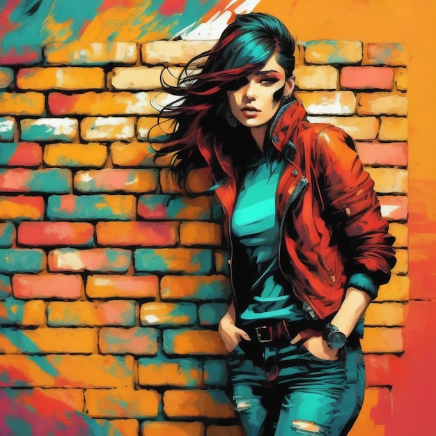 uma pintura de uma mulher encostada a uma parede de tijolos