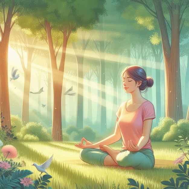uma pintura de uma mulher fazendo ioga em uma floresta com árvores e um pássaro voando no fundo