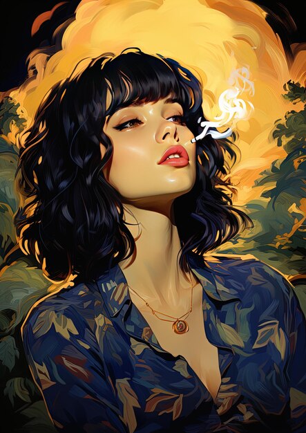 uma pintura de uma mulher fumando um cigarro