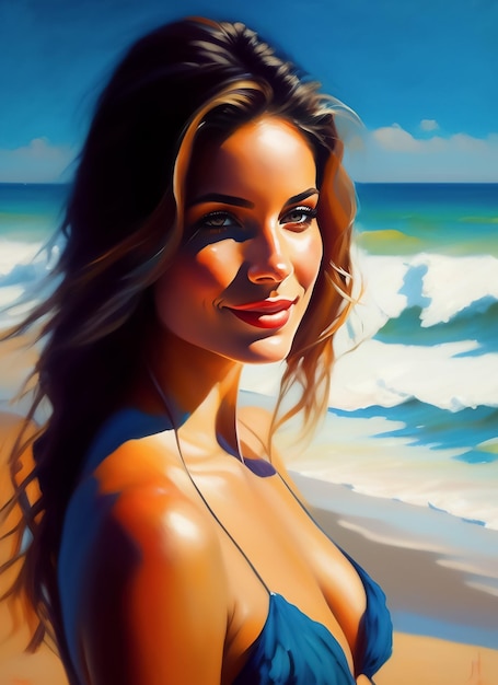 Uma pintura de uma mulher na praia