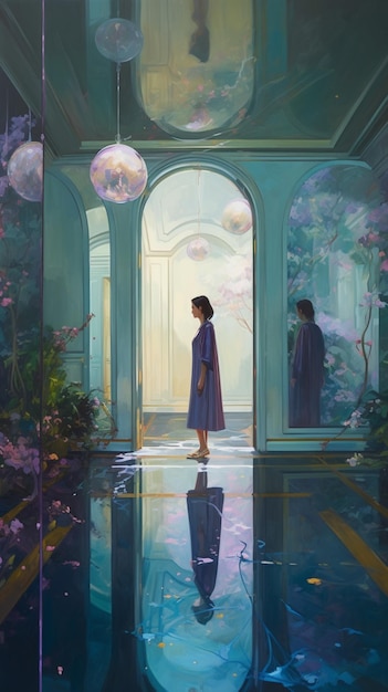 Uma pintura de uma mulher parada em uma porta com um grande globo de vidro pendurado no teto.
