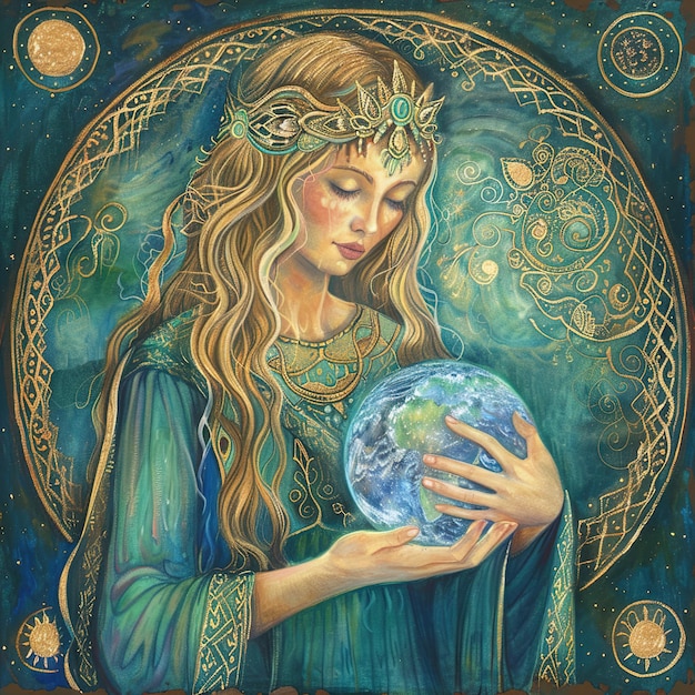 uma pintura de uma mulher segurando um globo com a palavra terra nele
