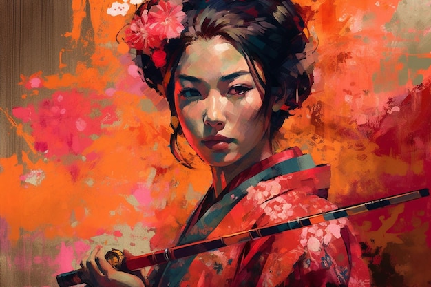 Uma pintura de uma mulher segurando uma espada com flores nela.