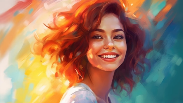 Uma pintura de uma mulher sorridente com cabelo ruivo.