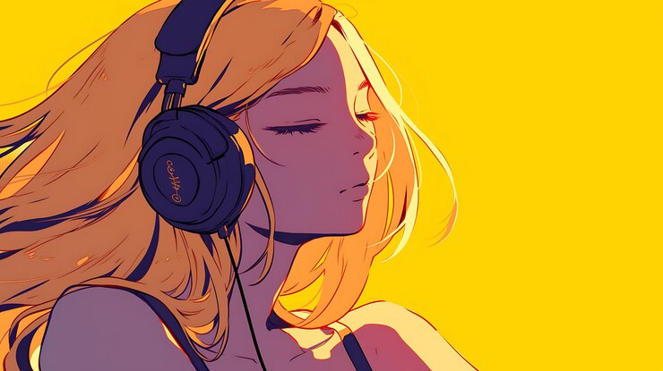 Foto uma pintura de uma mulher vestindo fones de ouvido com uma foto de uma mulher usando fones de ouvir
