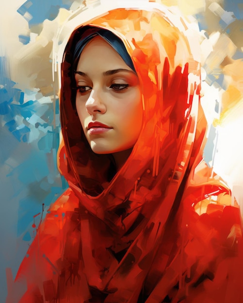 uma pintura de uma mulher vestindo um lenço vermelho