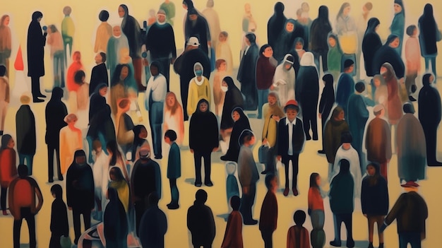 Uma pintura de uma multidão de pessoas com uma delas dizendo 'eu te amo'