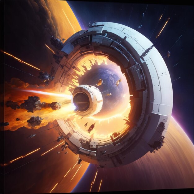 Uma pintura de uma nave espacial com uma explosão ardente no centro.