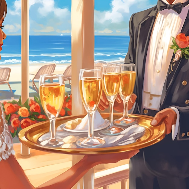 Uma pintura de uma noiva e do noivo segurando taças de champanhe.