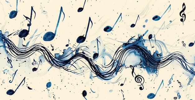 uma pintura de uma nota musical azul e preta com tintas azuis e uma tinta azul