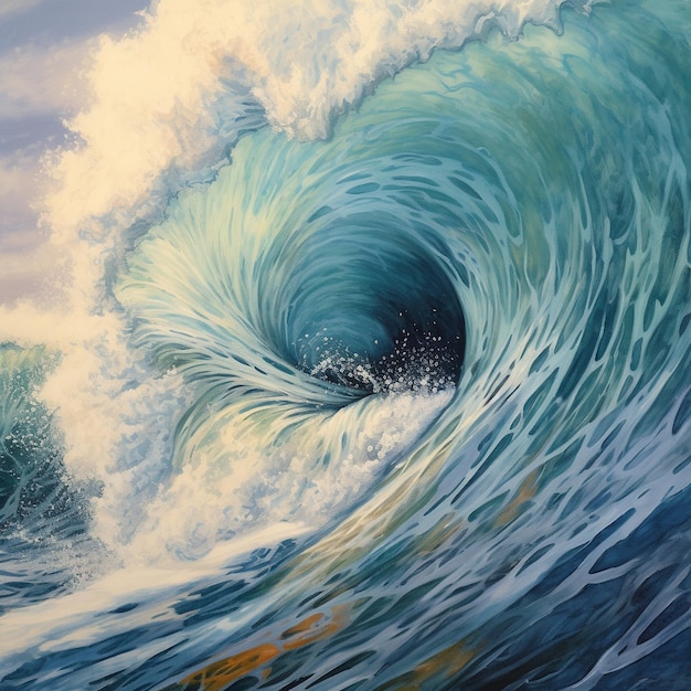 uma pintura de uma onda com o sol brilhando na água.