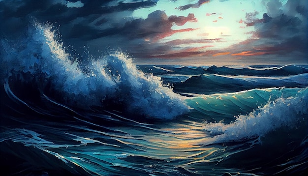 Uma pintura de uma onda com o sol se pondo atrás dela.