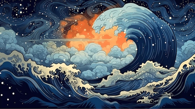 Uma pintura de uma onda e o céu com nuvens