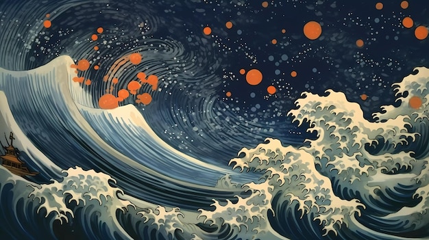 Uma pintura de uma onda e o mar