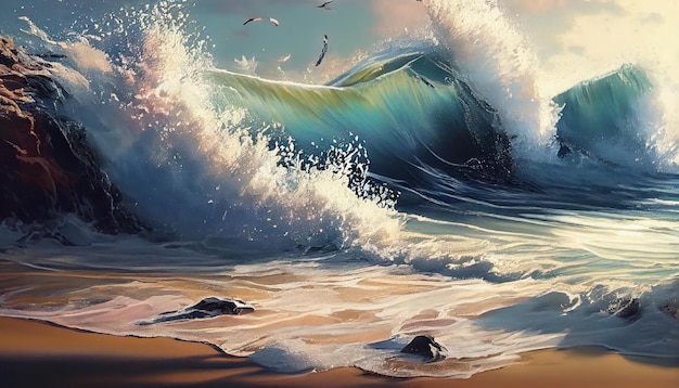 Uma pintura de uma onda e o oceano