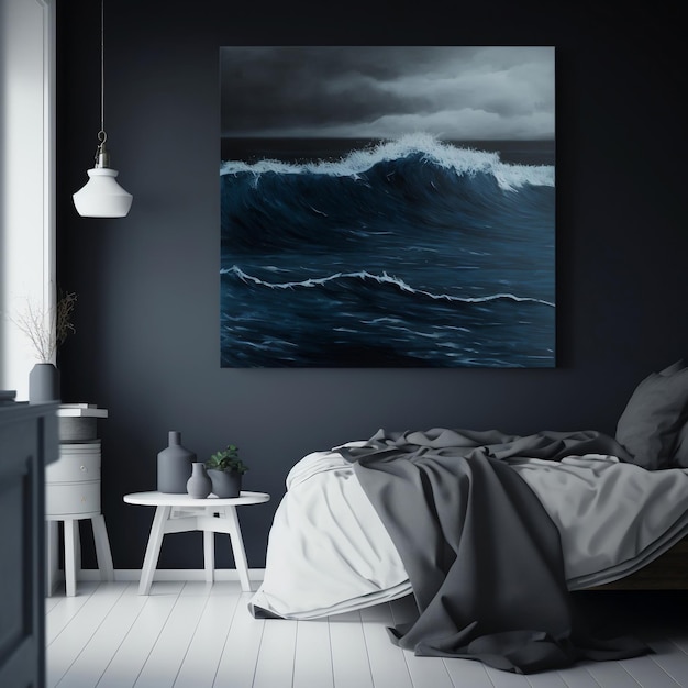 Uma pintura de uma onda está pendurada na parede de um quarto.