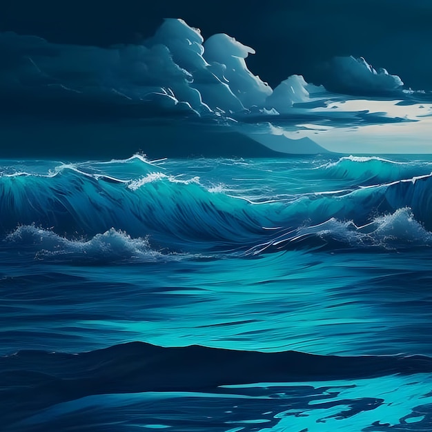 Uma pintura de uma onda no oceano com o céu ao fundo