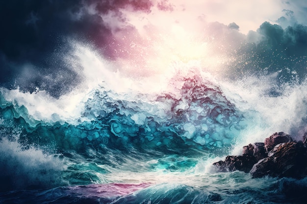 Uma pintura de uma onda quebrando sobre rochas IA generativa