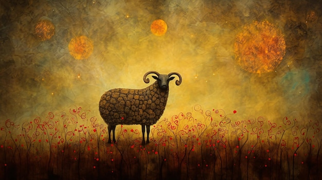 Uma pintura de uma ovelha com o sol brilhando sobre ela.