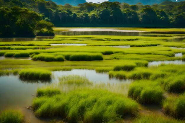 Foto uma pintura de uma paisagem com água e árvores ao fundo.