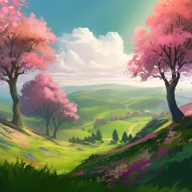 Uma pintura de uma paisagem com árvores cor de rosa e um céu azul com nuvens.