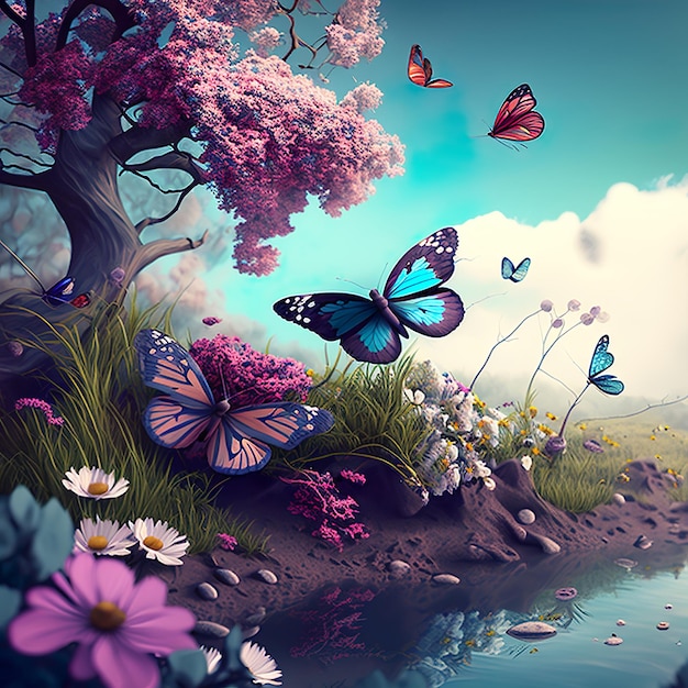 Uma pintura de uma paisagem com borboletas e flores.