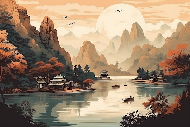 Uma pintura de uma paisagem com montanhas e um rio e um barco em primeiro plano.