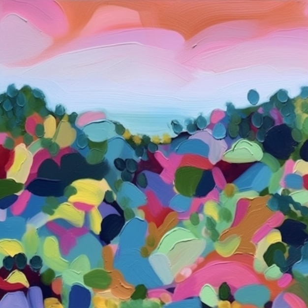 Uma pintura de uma paisagem com um céu rosa e um céu azul.