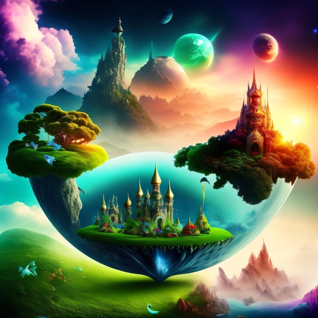 Foto uma pintura de uma paisagem com um planeta e um castelo