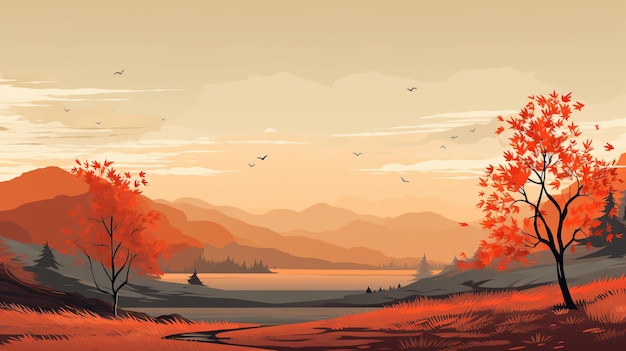 uma pintura de uma paisagem com um rio e árvores