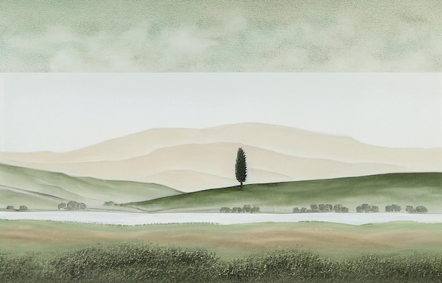 Uma pintura de uma paisagem com uma árvore no horizonte.