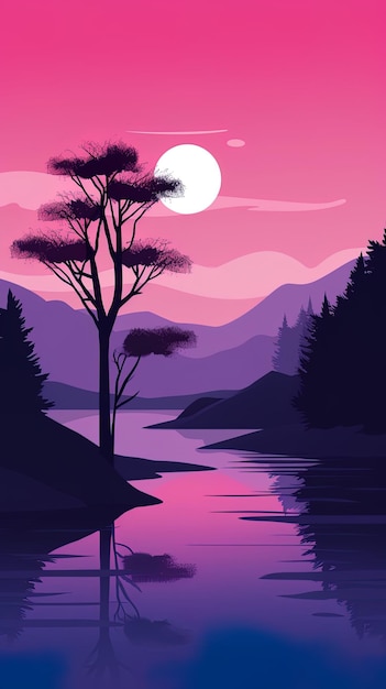 uma pintura de uma paisagem com uma lua cheia e árvores
