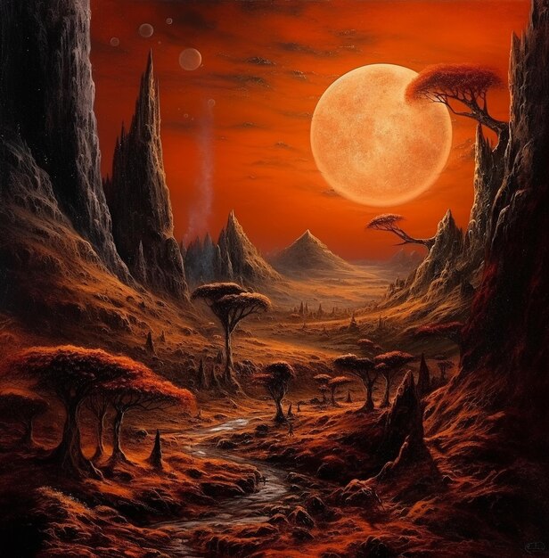 Uma pintura de uma paisagem com uma lua e uma montanha ao fundo.